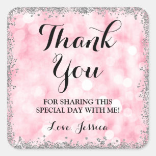 Pink Silver Faux Glitter Lights Thank You Square Sticker