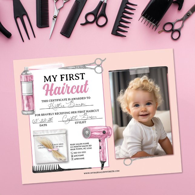 Pink & Silver First Haircut Hair Salon Certificate (Creator Uploaded)