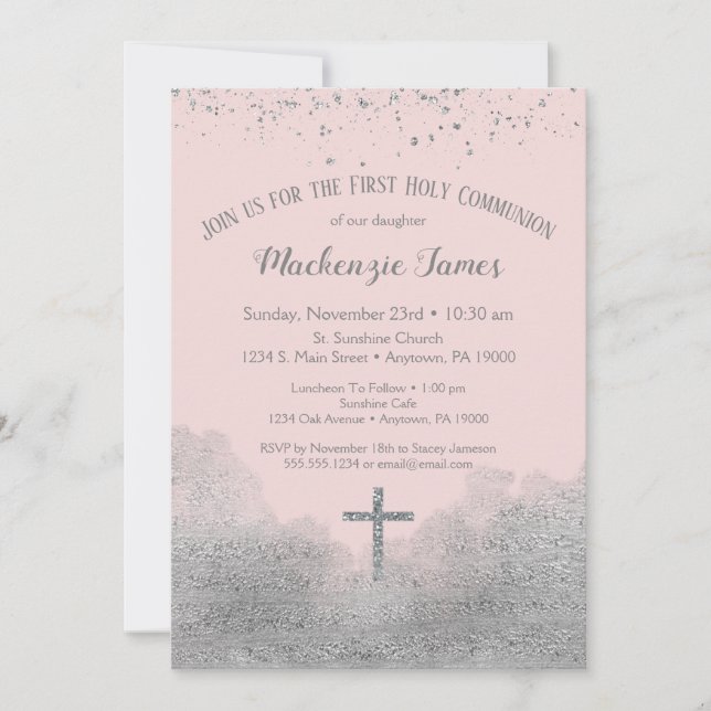 Pink Silver First Holy Communion Invitation Girls (Front)