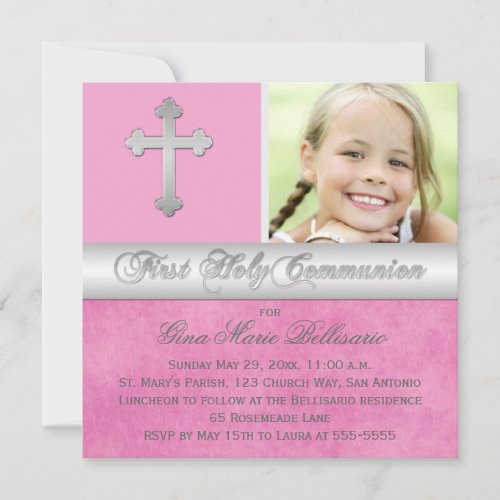 Pink, Silver First Holy Communion Photo Invitation
