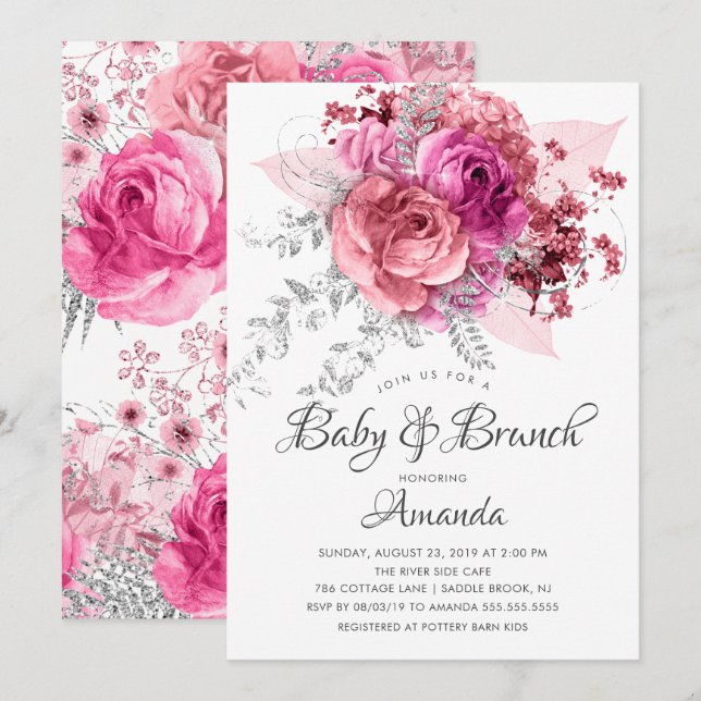 Pink & Silver Floral Baby & Brunch Shower Invitation (Front/Back)