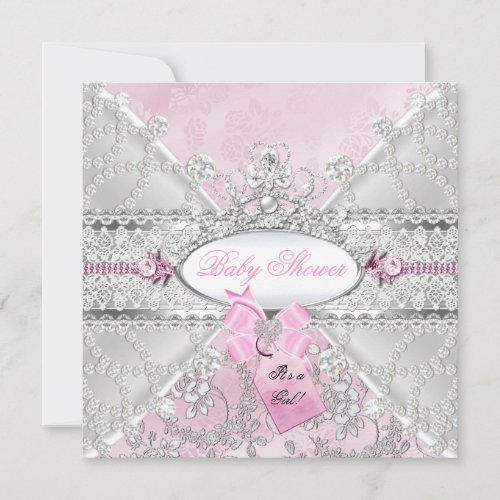 Pink Silver Floral Bow Baby Shower Diamonds Invitation