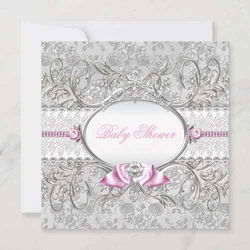 Pink  Silver Floral Bow Baby Shower Invitation