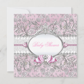 Pink & Silver Floral Bow Baby Shower Invitation