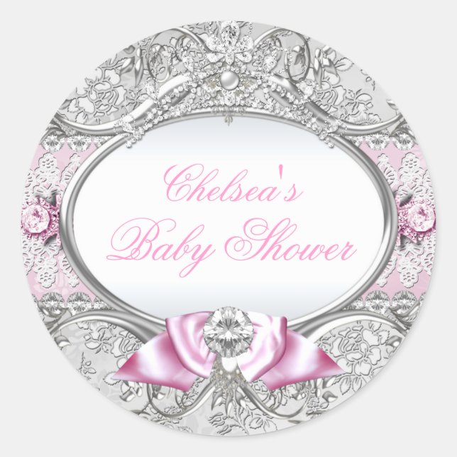 Pink & Silver Floral Bow Baby Shower Sticker (Front)