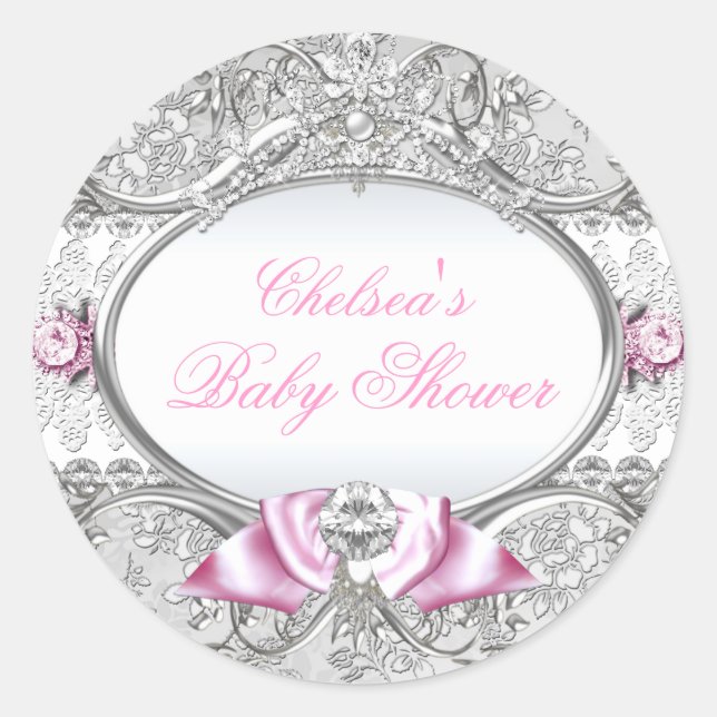Pink & Silver Floral Bow Baby Shower Sticker (Front)