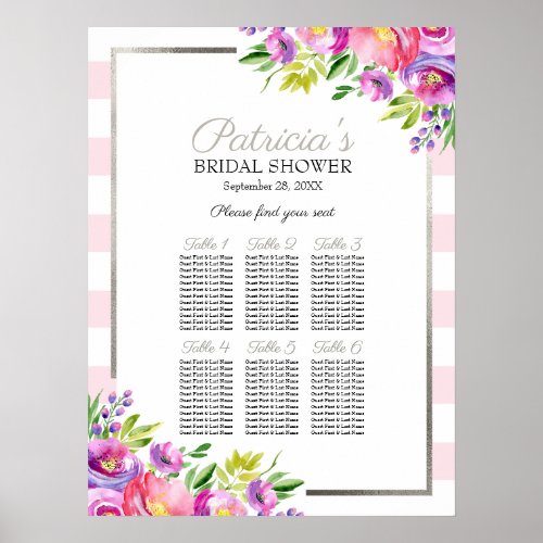 Pink  Silver Floral Bridal Shower Seating Chart