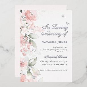 Pink Silver Floral Butterfly Memorial Service Foil Invitation