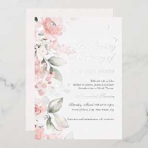 Pink Silver Floral Butterfly Memorial Service Foil Invitation