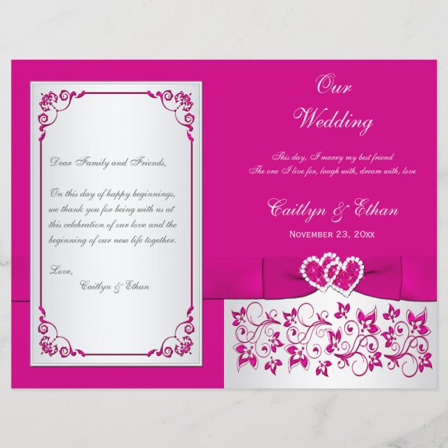 Pink, Silver Floral Hearts Wedding Program (Front)