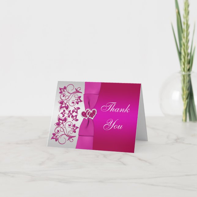 Pink, Silver Floral, Hearts Wedding Thank You Card (Front)