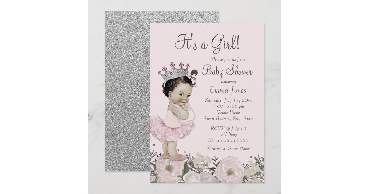 Pink Silver Floral Princess Baby Shower Invitation | Zazzle