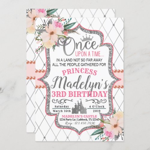 Pink Silver Floral Princess Birthday Invitation