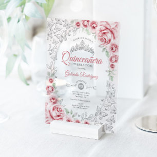 Pink Silver Floral Quinceanera Acrylic Invitations