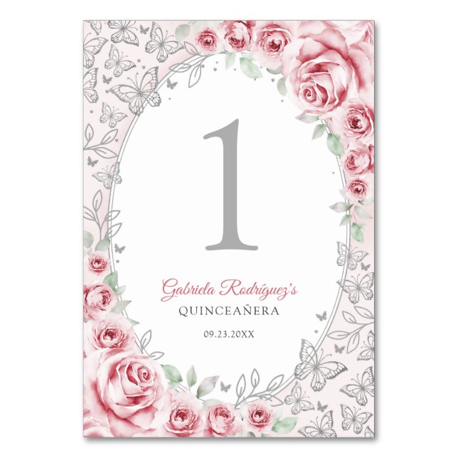Pink Silver Floral Quinceanera Table Number (Front)