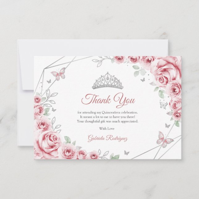 Pink Silver Floral Quinceanera Thank You Card (Front)