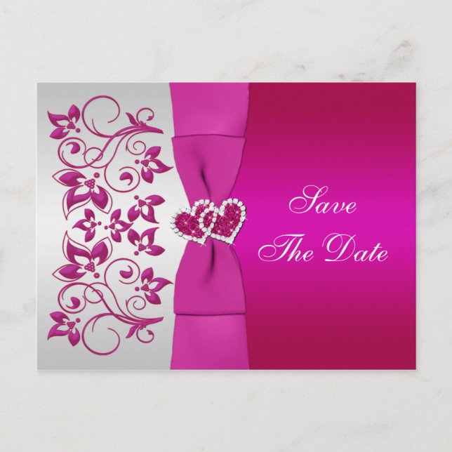 Pink, Silver Floral Save The Date Post Card (Front)