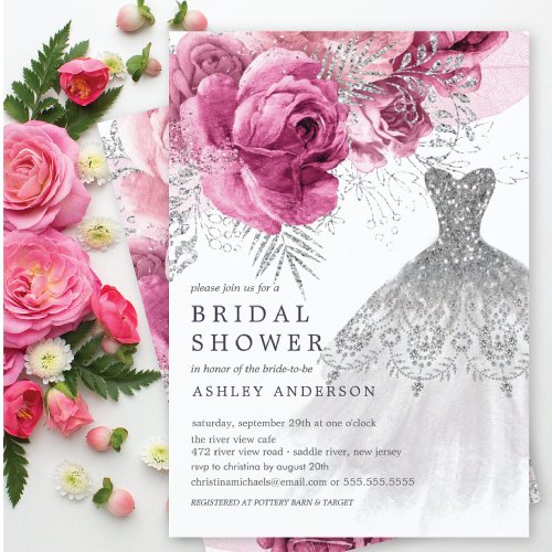 Pink  Silver Floral Wedding Dress Bridal Shower Invitation
