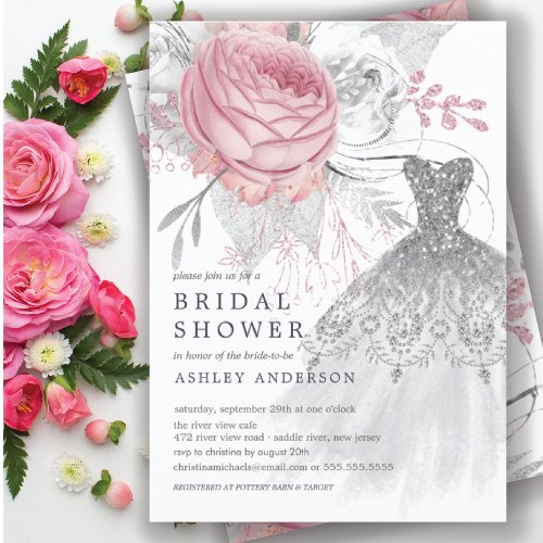 Pink  Silver Floral Wedding Dress Bridal Shower Invitation
