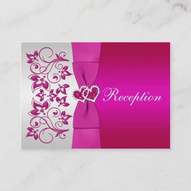 Pink, Silver Floral Wedding Reception Card (Front)