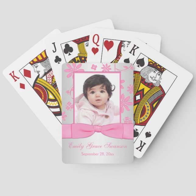 Pink, Silver FloralPhoto Playing Cards (Back)