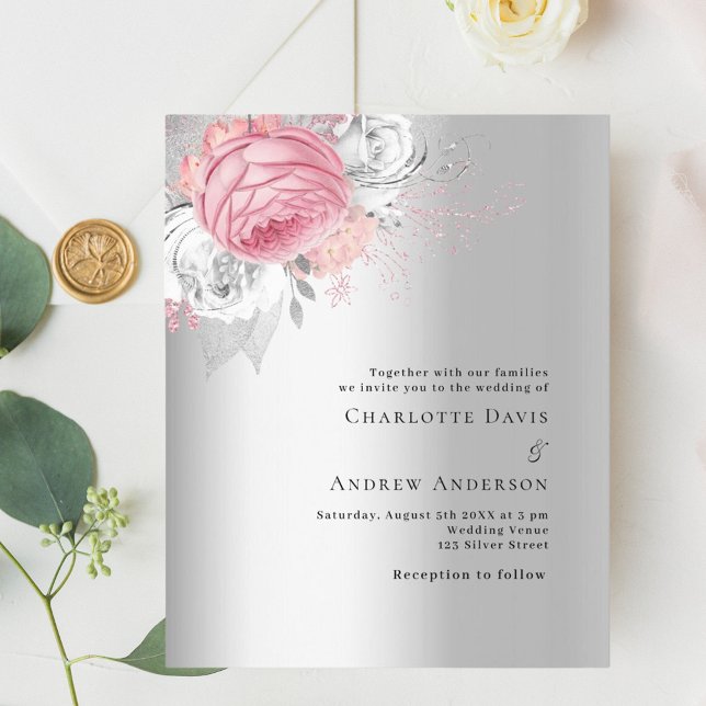 Pink silver florals budget wedding invitation (Creator Uploaded)