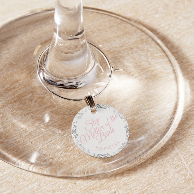 Pink & Silver Frills Stepmother of Bride Wedding  Wine Charm (In Situ)