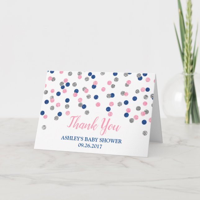Pink Silver Gender Reveal Baby Shower Thank You Card (Front)
