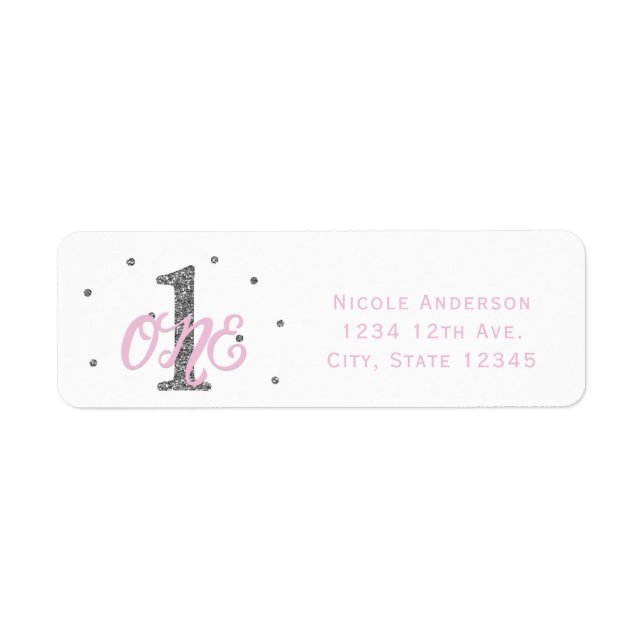 Pink Silver Girl ONE 1st Birthday Party Invitation Label (Front)
