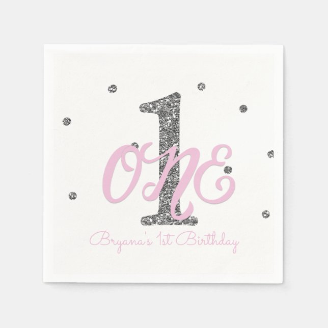 Pink & Silver Girls ONE 1st Birthday Party Paper Napkins (Front)