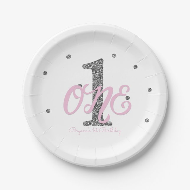 Pink & Silver Girls ONE 1st Birthday Party Paper Plates (Front)