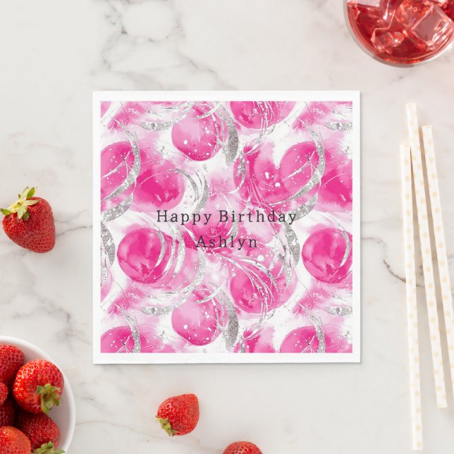 Pink Silver Glam Abstract Circles Birthday Napkins (Insitu)