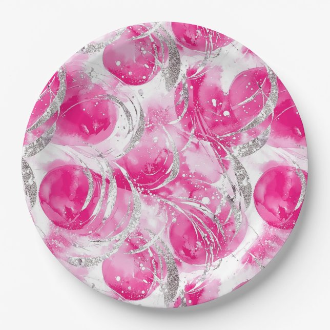 Pink Silver Glam Abstract Circles Birthday Paper Plates (Front)