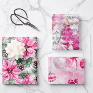 Pink Silver Glam Christmas Trees Flowers Ornaments Wrapping Paper Sheets
