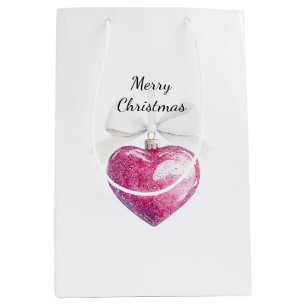 Pink Silver Glam Heart Ornament Christmas  Medium Gift Bag
