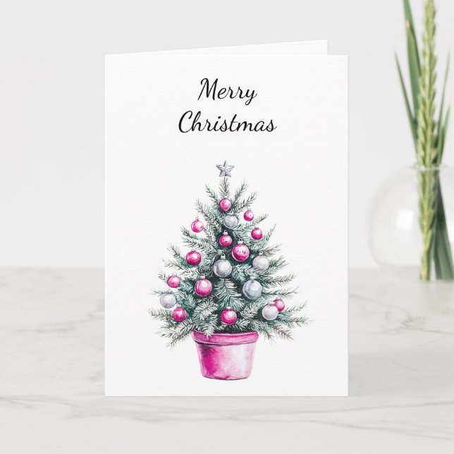 Pink Silver Glam Ornament Christmas Tree Card (Front)