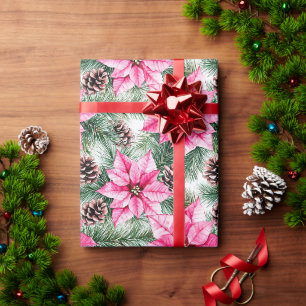 Pink Silver Glam Poinsettia Flowers Christmas Wrapping Paper