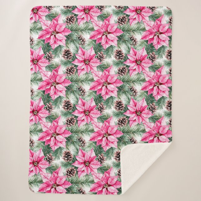 Pink Silver Glam Poinsettia Flowers  Sherpa Blanket (Front)