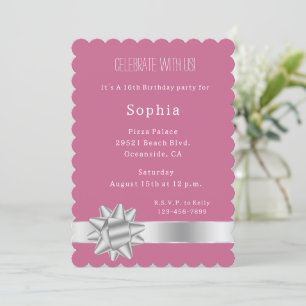 Pink Silver Glam Ribbon and Bow Birthday Invitation