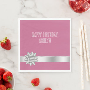 Pink Silver Glam Ribbon Bow Birthday Napkins