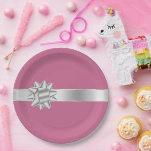 Pink Silver Glam Ribbon Bow Birthday Paper Plates