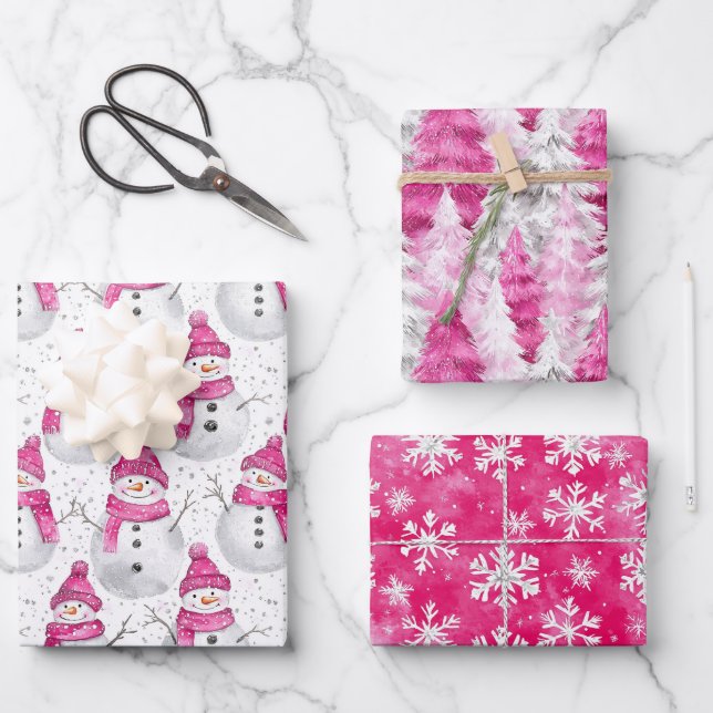 Pink Silver Glam Snowflakes Christmas Tree Snowman Wrapping Paper Sheets (Front)