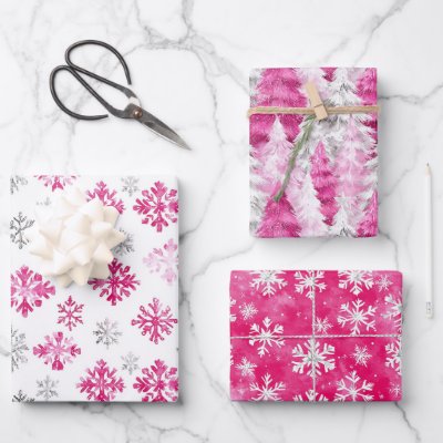 Pink Silver Glam Snowflakes Christmas Trees Wrapping Paper Sheets