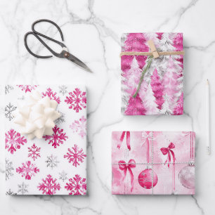 Pink Silver Glam Snowflakes Christmas Trees Wrapping Paper Sheets