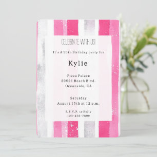 Pink Silver Glam Stripes Birthday   Invitation