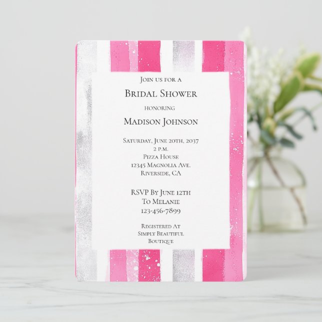 Pink Silver Glam Stripes Bridal Shower Invitation (Standing Front)