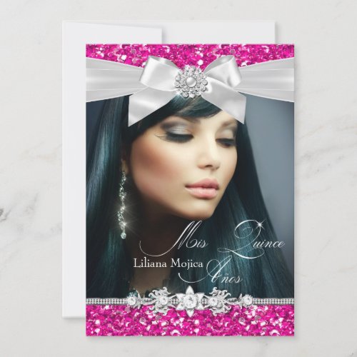 Pink Silver Glitter Bow Photo Quinceanera Invite