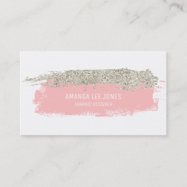 Pink & Silver Glitter Brush Strokes Business Card (Front)