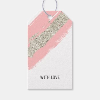 Pink & Silver Glitter Brush Strokes Gift Tags by byDania at Zazzle