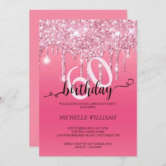 Pink Silver Glitter Calligraphy Birthday Invitation (Front/Back)